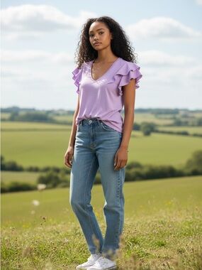 Buffalo David Bitton Lilac Ruffle Sleeve V-Neck Tee